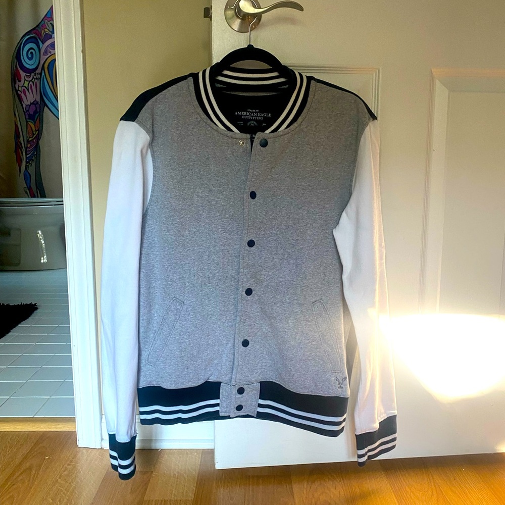 Men’s American Eagle Outfitters Black and White Varsity Bomber Jacket